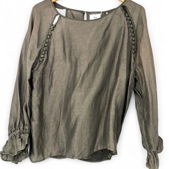 Aje 12 Linen Button Detail Top Blouse Ruffle Back Cutout Womens Olive Green L - Picture 1 of 5